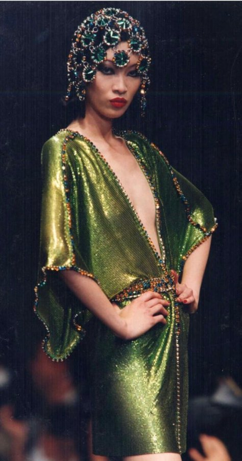 Kim Kardashian Wears Bold Archival Paco Rabanne 1996 Dress in Green and Red for Her Birthday 3 Green Archival Paco Rabanne 1995 Dress On Model